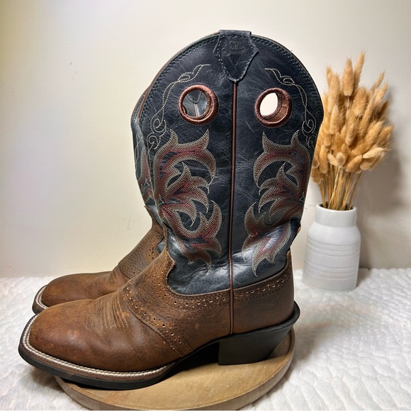 Justin Boots Brown Men’s Western SADDLE BLUE JEAN DUSTY COWHIDE 2520 Size 9 - Picture 1 of 15